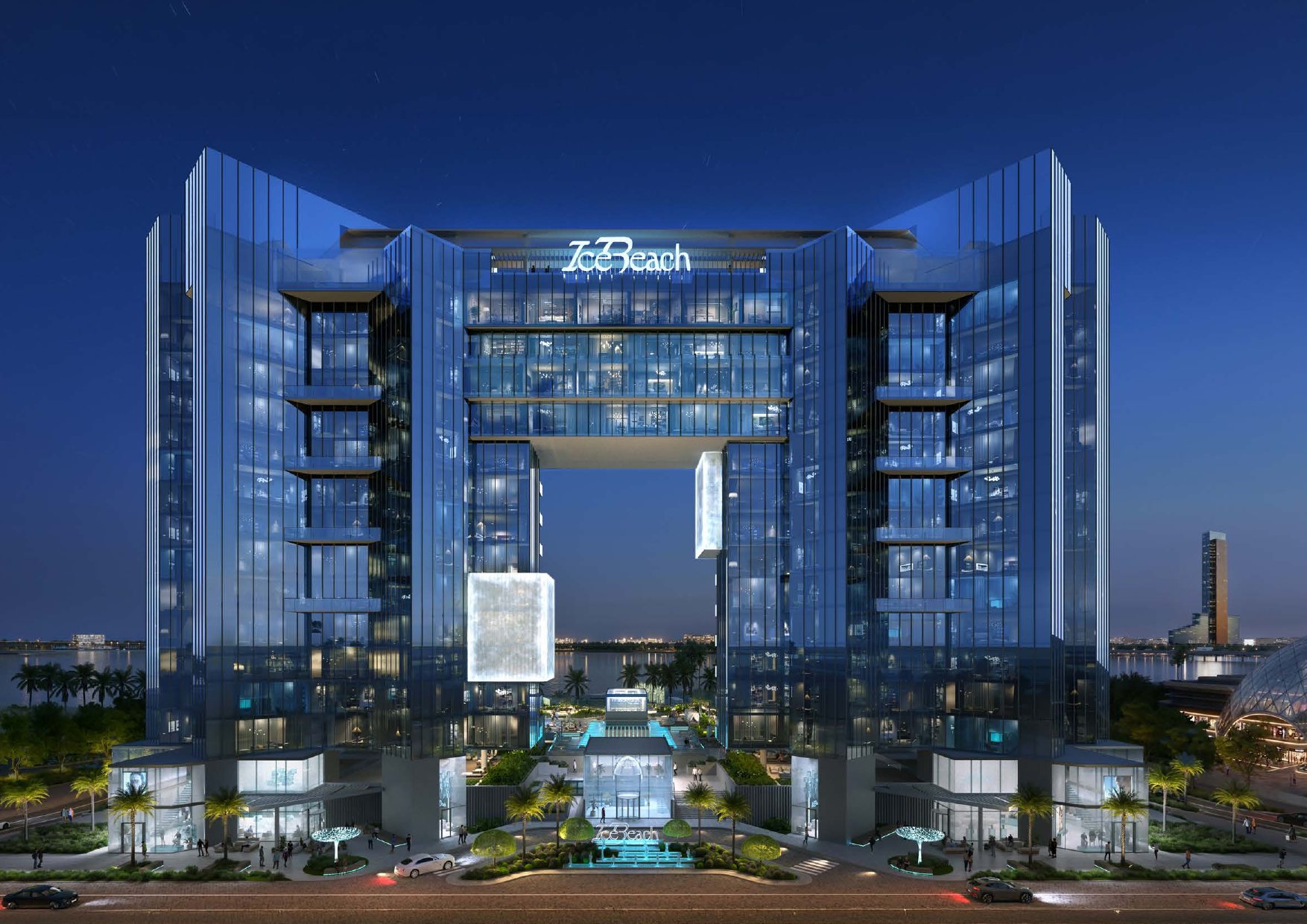 Ice Beach residences illuminated at night on Al Marjan Island