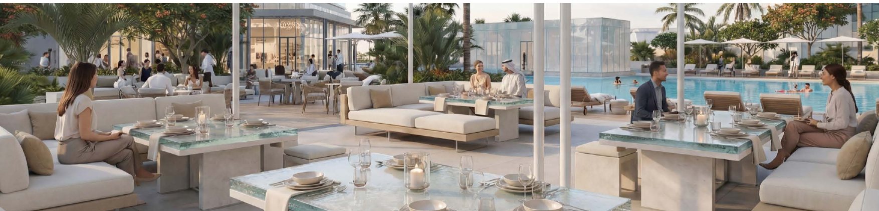 Pool terrace with glass tables and lagoon pool at Ice Beach