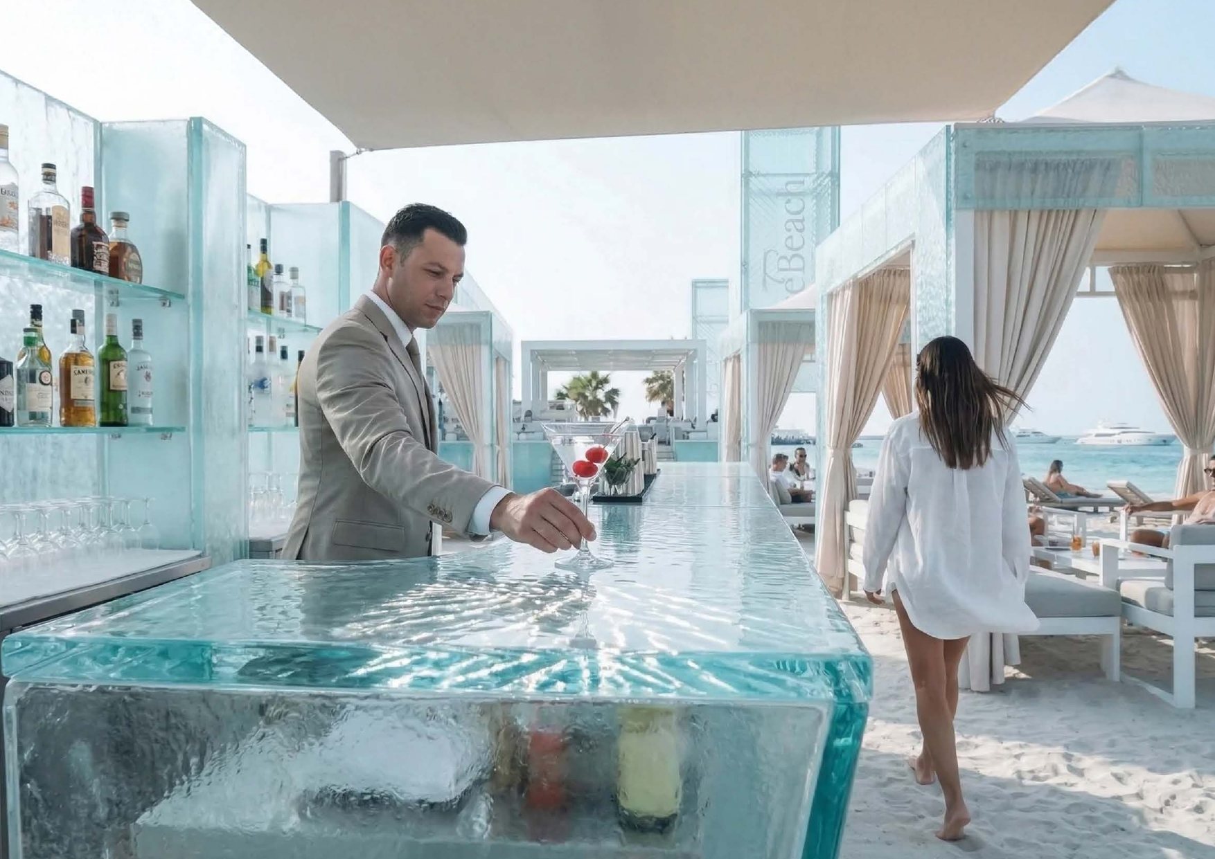 Beach club with ice-glass bar and cabanas near Ice Beach